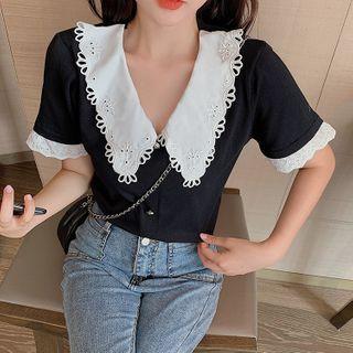 Short-sleeve Contrast Collared Blouse