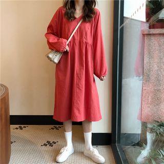 Plain V-neck Long-sleeve Loose-fit Dress