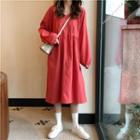 Plain V-neck Long-sleeve Loose-fit Dress