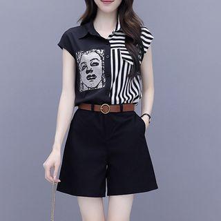 Set: Cap-sleeve Striped Graphic Print Chiffon Blouse + Dress Shorts