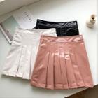 Plain Faux Leather High-waist Pleated Skirt
