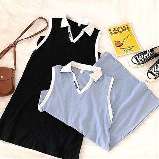 Lettering Embroidered Color-block Trim V-neck Sleeveless Dress