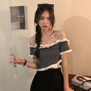 Off-shoulder Ruffle Trim Striped Cropped T-shirt Stripe - Black & White - One Size