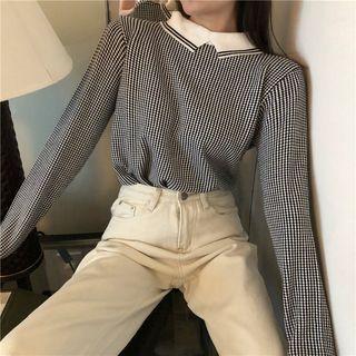 Plaid Collared Sweater Plaid - Black & White - One Size
