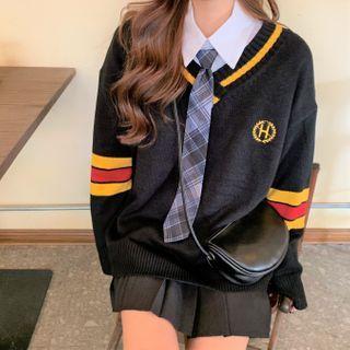 Long-sleeve Shirt / Contrast Striped Sweater / Pleated Mini A-line Skirt