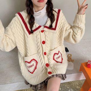 Contrast Trim Collar Cable Knit Cardigan