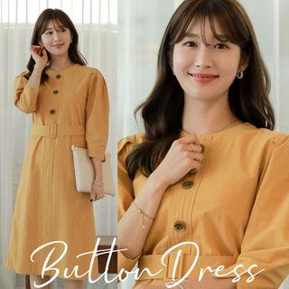 Pleated-shoulder Button-trim Dress With Belt