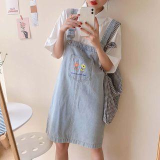 Floral Embroidered Denim Playsuit / Short-sleeve Plain Shirt