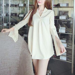 Slit-sleeve V-neck Blouse As Shown In Figure - One Size