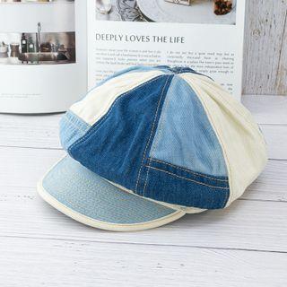 Denim Panel Newsboy Cap Blue & Beige - One Size