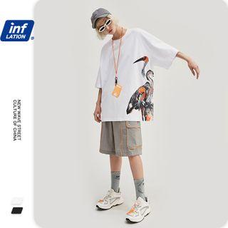 Unisex Crane-print Loose T-shirt