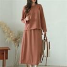 Set: Round-neck Slit-side Top + Band-waist Midi Skirt