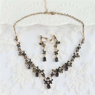 Set: Wedding Dangle Earring Necklace + Dangle Earring 1 Pc - Necklace / 1 Pair - Earring - Black & Gold - One Size
