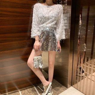 Sequined Fringed Trim Sweater / A-line Skirt