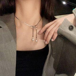 Faux-pearl Bow Necklace Silver - One Size