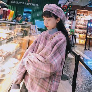 Set: Plaid Mock Neck Pullover + Plaid Beret