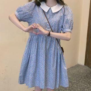 Peter Pan Collar Puff Short-sleeve Floral Dress Blue - One Size