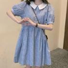 Peter Pan Collar Puff Short-sleeve Floral Dress Blue - One Size