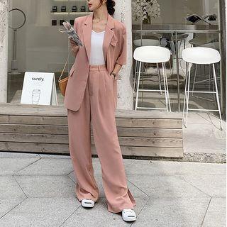 Plain Short-sleeve Top + Plain Dress Pants Set