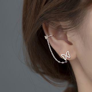 Rhinestone Butterfly Stud Earring With Ear Cuff Single - Silver - One Size