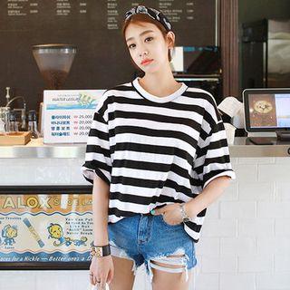 Round-neck Elbow-sleeve Striped T-shirt