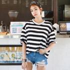Round-neck Elbow-sleeve Striped T-shirt