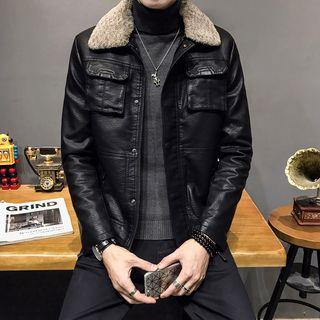 Furry Collar Faux-leather Jacket