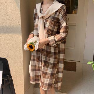 Set: Plaid Long-sleeve Midi Shirtdress + Knit Cape As Shown In Figure - One Size