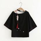 Wide-sleeve Embroidered T-shirt Black - One Size