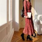 Wrap-front Floral Long Chiffon Dress Red - One Size