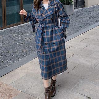 Plaid Double-breasted Midi Trench Jacket
