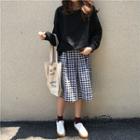 Plain Long-sleeve Sweatshirt / Plaid Midi Skirt