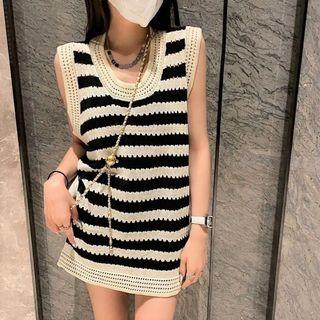 Sleeveless Striped Knit Mini Dress Black & Almond - One Size