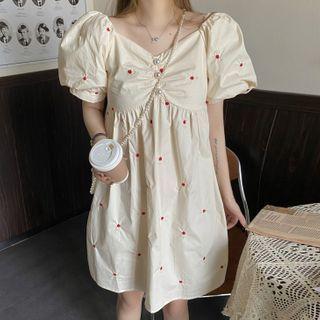 Puff-sleeve Floral Embroidered Mini A-line Dress Off-white - One Size