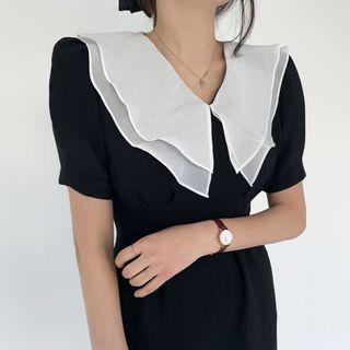 Short-sleeve Layered Collar Slim Fit Dress Black - One Size