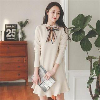 Tie-neck Ruffle-hem Knit Dress