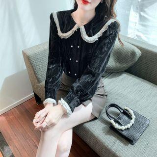 Collared Double-breasted Velvet Blouse