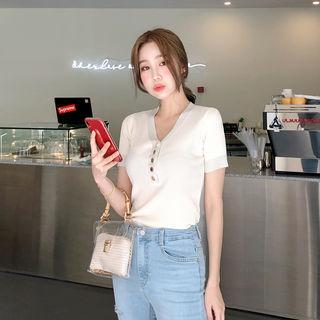 Short-sleeve Button-trim Knit Top Beige - One Size