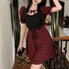 Mock Two Piece Puff-sleeve Plaid A-line Midi Dress