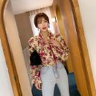 Velvet Beribboned Frilled Floral Blouse