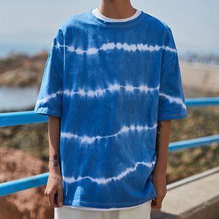 Tie-dyed Round Neck Elbow Sleeve T-shirt