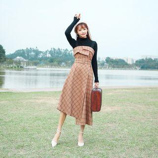 Mock Neck Sweater/ Asymmetrical Plaid Midi Pinafore Dress/ Set