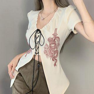 Short-sleeve Dragon Print Lace-up Top