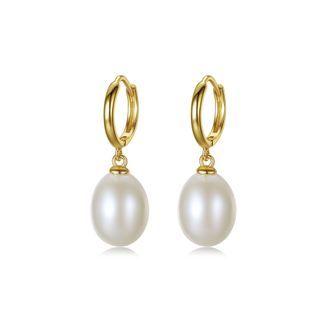 Sterling Silver Plated Gold Simple Elegant White Freshwater Pearl Earrings Golden - One Size