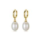 Sterling Silver Plated Gold Simple Elegant White Freshwater Pearl Earrings Golden - One Size