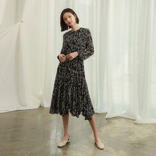 Tie-waist Floral Long Godet Dress