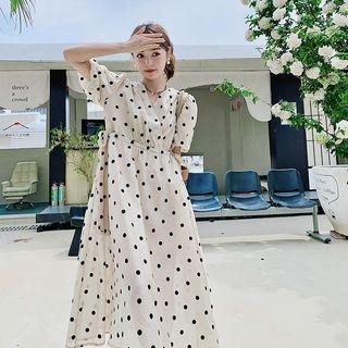 V-neck Puff-sleeve Drawstring Polka Dot Dress