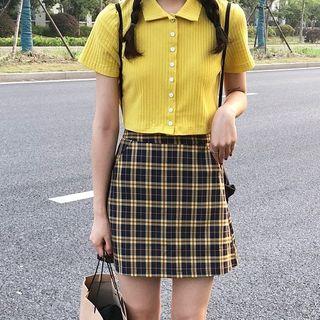 Short-sleeve Ribbed Cropped Polo Top / Plaid A-line Skirt