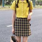 Short-sleeve Ribbed Cropped Polo Top / Plaid A-line Skirt