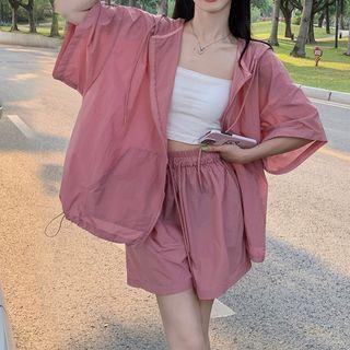 Set: Short-sleeve Hooded Zip Jacket + Wide Leg Shorts